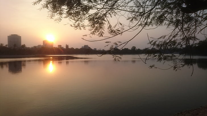 zonsondergang, Hanoi, meer, Park