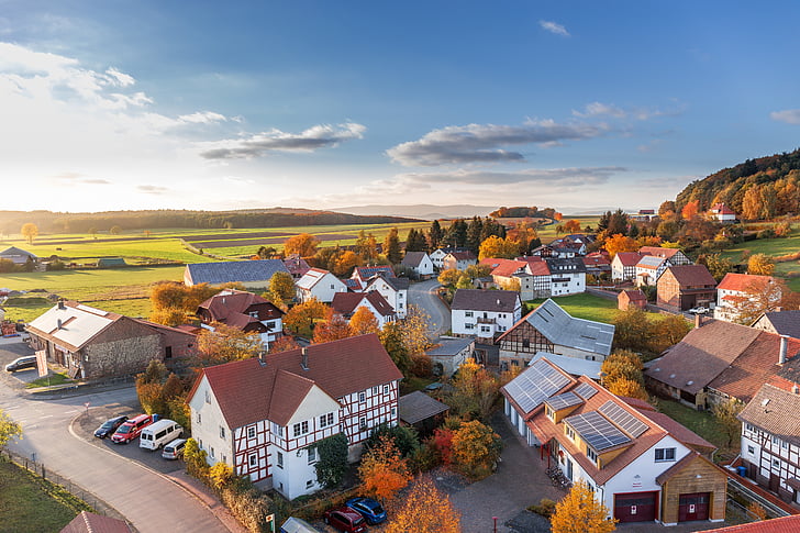 dorp, landschap, huizen, Luchtfoto, Boven, Hessen, Duitsland