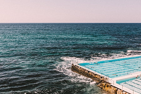Aerial, photographie, Resort, piscine, près de :, bord de mer, piscine