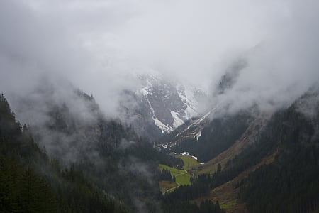 clouds, fog, valley, mountains, hill, landscape, environment