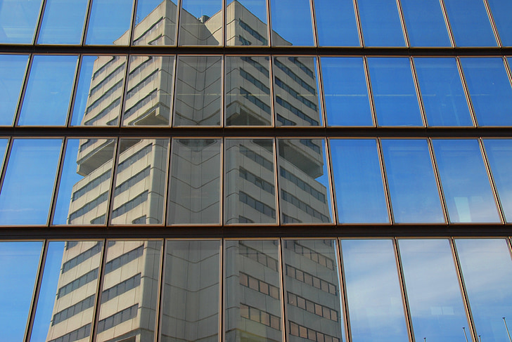 gebouw, het platform, reflectie, blauw, lijnen, strepen, pleinen