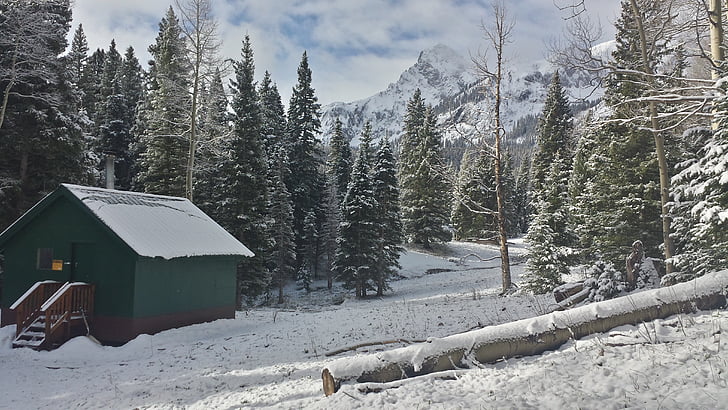 winter, cabin, mountains, snow, landscape, hut, forest