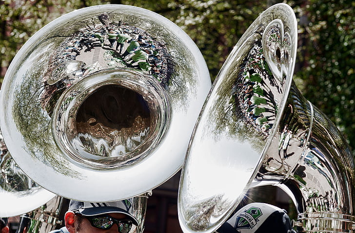 brass band, reflections, tuba, sousaphone, rally, sounders, seattle