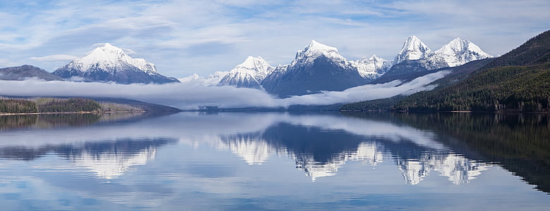 søen mcdonald, landskab, tåge, tåge, bjerge, skyline, toppe