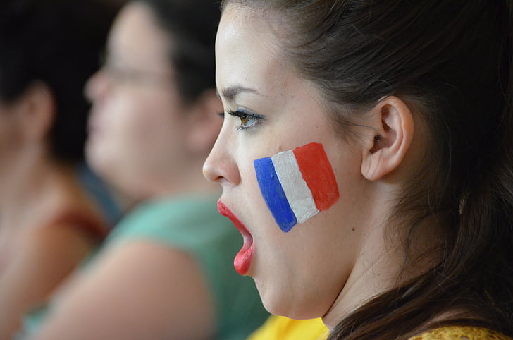 lány, támogatás, sikoly, motiváció, Franciaország, zászló, foci