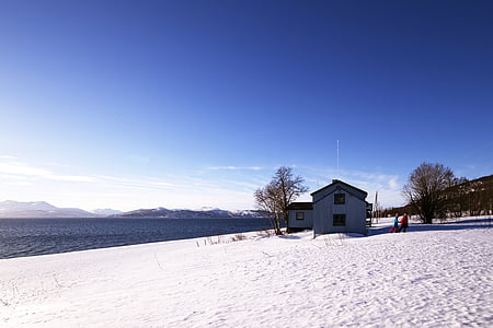 Исландия, снег, пейзаж, Зима, Дом, Гора, Природа