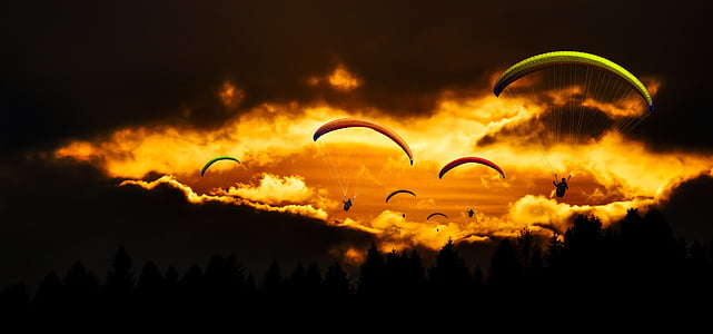 adventure, clouds, dawn, dusk, fly, parachutes, paragliders