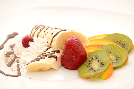 bananas, strawberries, kiwi, orange, dessert, ice cream, fruit