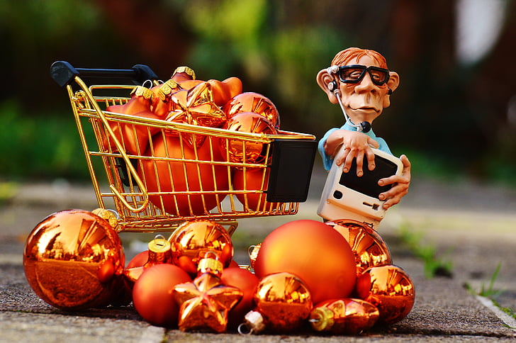 онлайн пазаруване, Коледа, количка за пазаруване, пазаруване, закупуване, коледни топки, количка