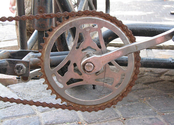 ποδήλατο, σκουριασμένο, μέταλλο, παλιά, ποδήλατο, αλυσίδα, τροχός