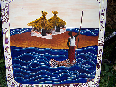 Afrika, afbeelding, kunst, schilderij, zee, boot, platteland