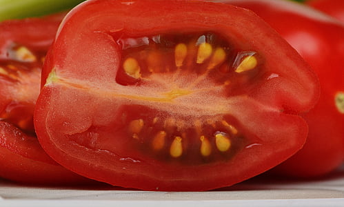 Tomaten, in Scheiben geschnitten, Gemüse, Makro, rot, Essen, Garten