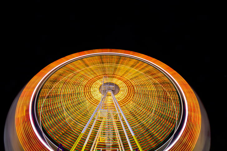diversión, Carnaval, luces, Ferris, rueda, naranja, ronda