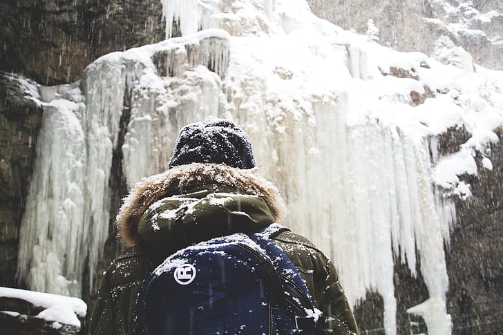 Fénykép, ember, állandó, Front, fal, jég, nézet hátulról