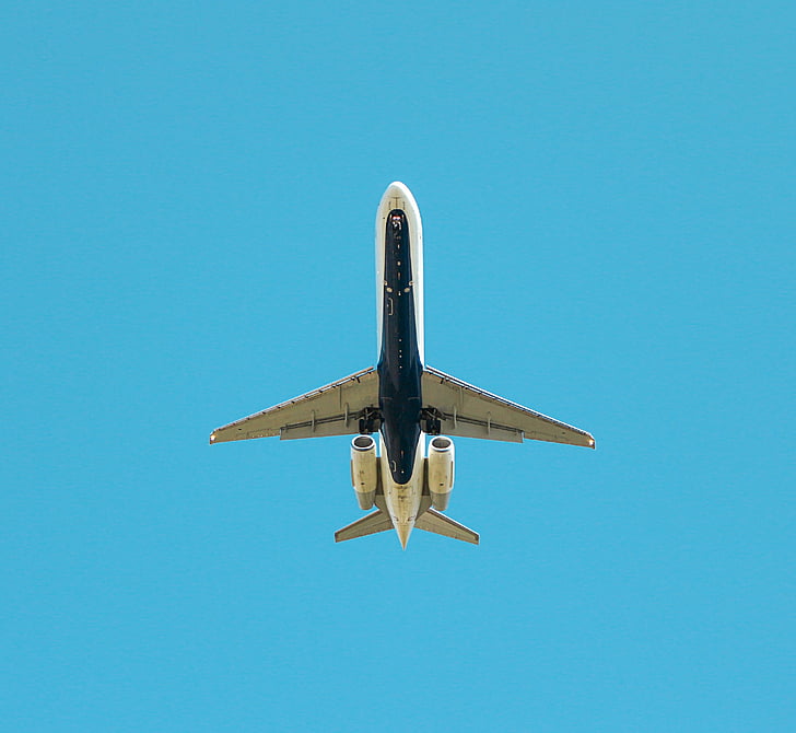 avió, transport, volant, aeronaus, vol, ala, blau