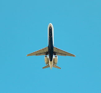 avió, transport, volant, aeronaus, vol, ala, blau