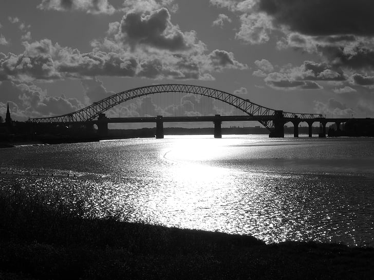 sunset, water, bridge