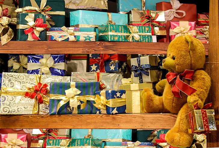 Nadal, regals, ós de peluix, alegria, targeta de felicitació, embalatge, dinar