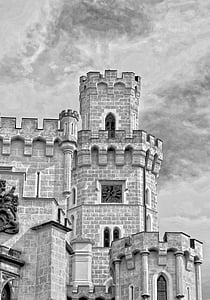 tower, castle, hluboká, south bohemia, afternoon, black And White, architecture
