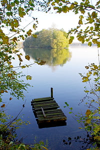 Lago, árvores, paisagem, natureza, banco, água, Outono