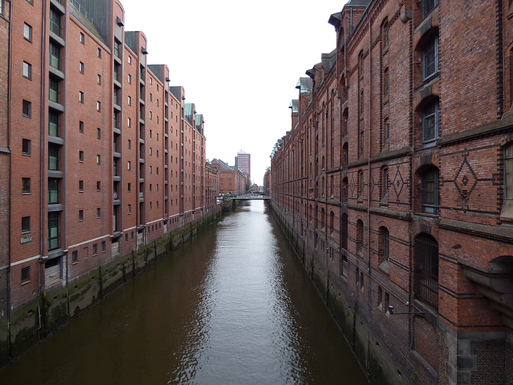Hamburg, Speicherstadt, tégla, épület, csatorna
