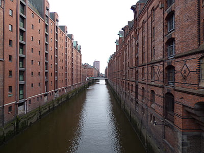 Hamburg, Speicherstadt, murstein, bygge, kanal