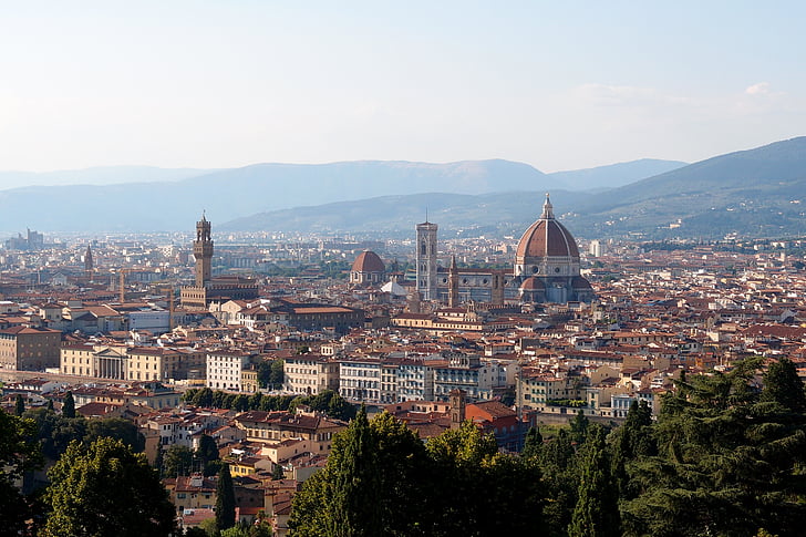 Флоренция, катедрала, планини, град, Изглед отгоре, Флоренция - Италия, градски пейзаж