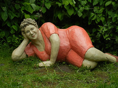 moteris, raudona, suknelė, sodas, skulptūra, Menas, susirūpinimą