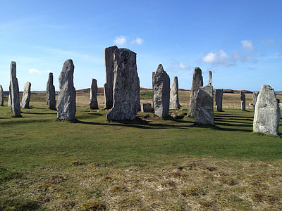 Isle of lewis, callanish, berdiri batu, Hebrides, Skotlandia, Skotlandia, pemandangan