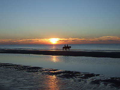 mar, puesta de sol, puesta de sol en el mar, Horizon, jinetes, Playa, naturaleza