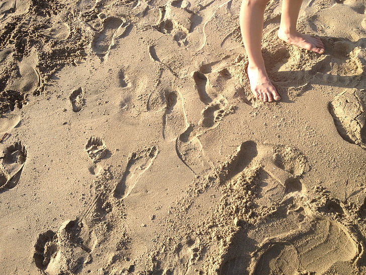 пясък, отпечатъци, крака, плаж, пръстите на краката, крак, краката
