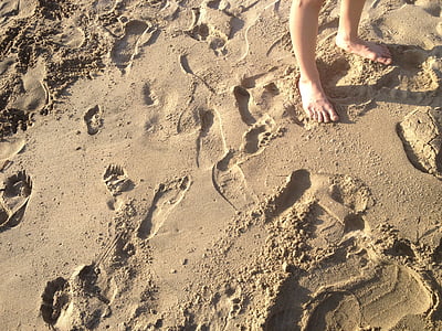 pijesak, otisci stopala, noge, plaža, prstima, stopala, noge