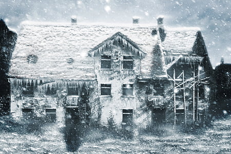 Winter, Haus, aufgegeben, Ruine, Schnee, Kunst, Design