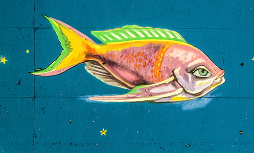 Graffiti, fisk, sjøen, fargerike, Kypros, Paralimni