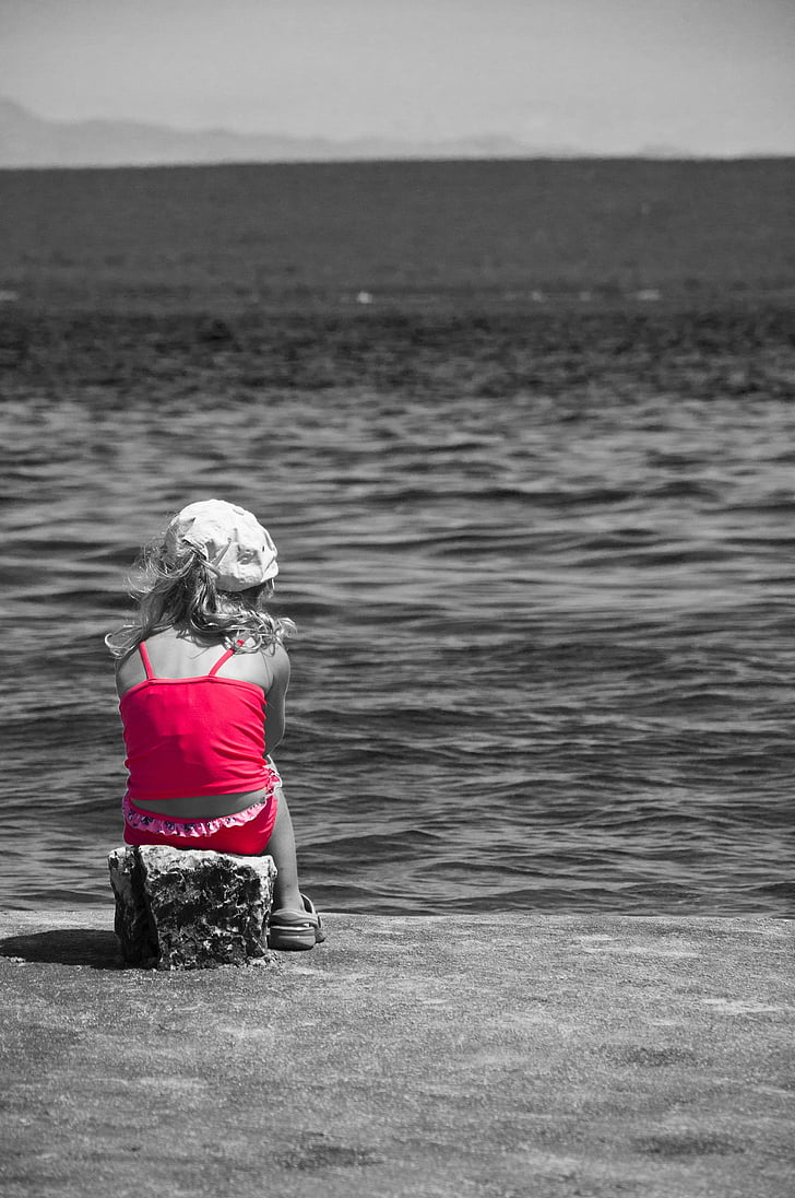 art, waiting, water, child, black and white, sea, beauty