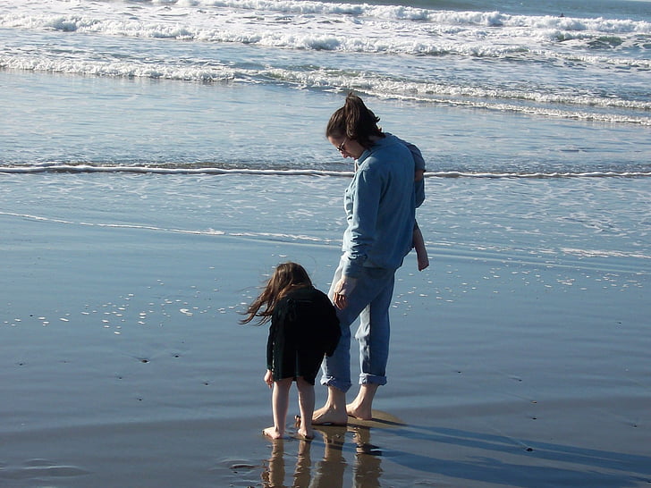 Pantai, perempuan dan anak di pantai, Ibu, Keluarga di pantai, Pantai menyenangkan, laut, anak