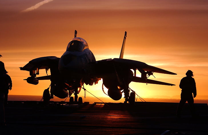 militaire straaljager, vliegdekschip, Sundown, silhouet, matroos, Airman, schip