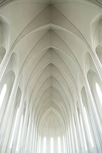 low, angle, photo, white, cathedral, ceiling, church
