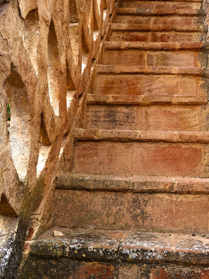 kāpnes, vecais, augšupielādēt, simbols, ķieģeļi, vecā ēka
