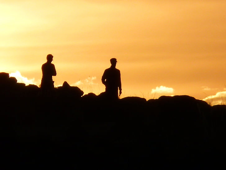 two, men, mountain, sunset, Silhouette, men on, hill