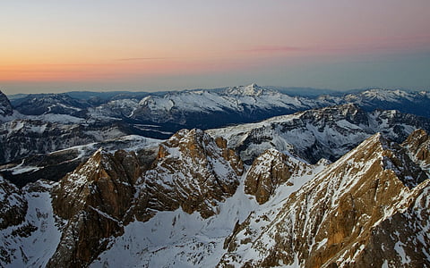 Aurora, Dolomites, Aurora dari marmolada, Italia, Alpen, salju, pemandangan musim dingin