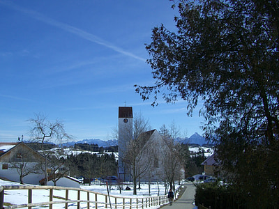 Церковь, Зима, снег, горы, небо, Голубой, Мариа-Райн