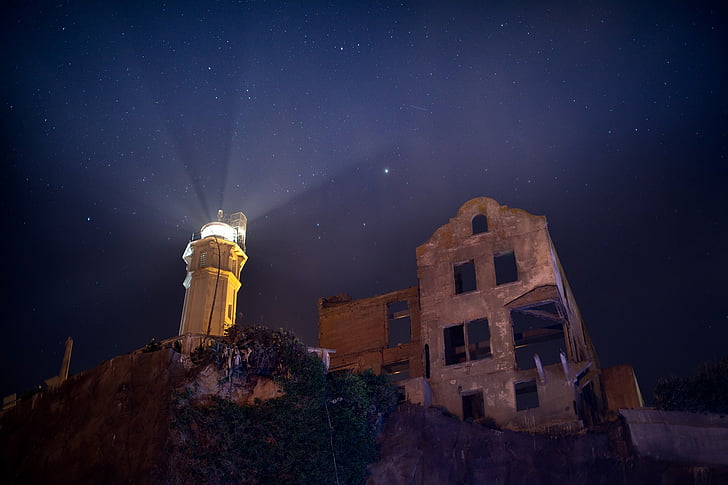 alcatraz lighthouse, night, stars, sky, ruins, parade ground view, san francisco