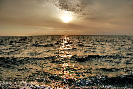 havet, Nordsjön, Norden-norddeich, solnedgång, våg, kvällen, naturen