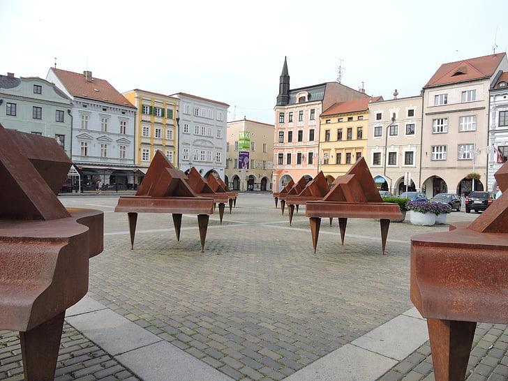 Praça, budejovice Checa, arte, edifício, centro da cidade, arquitetura, piano