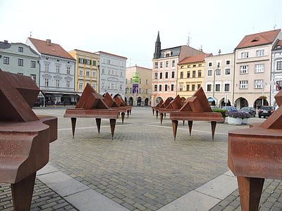 Praça, budejovice Checa, arte, edifício, centro da cidade, arquitetura, piano