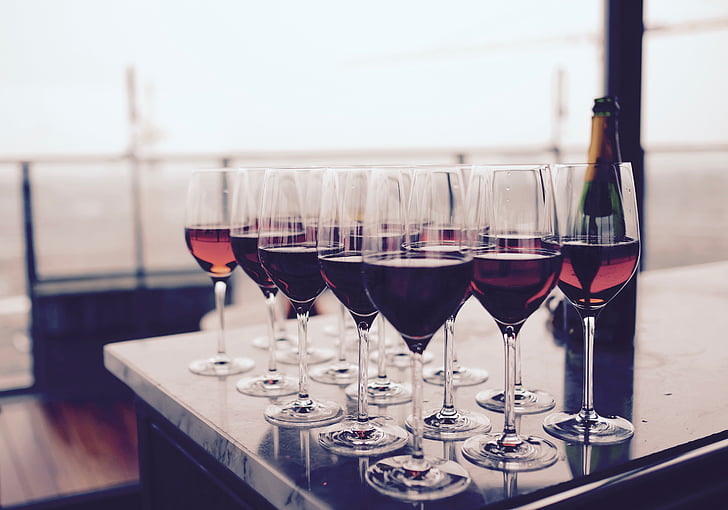 bar, bottle, event, glasses, red wine, restaurant, wine