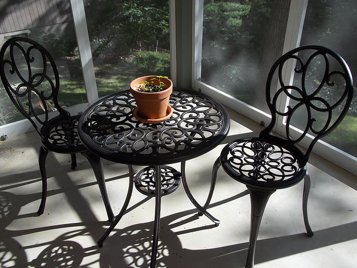 table, chair, interior, light, porch, evening shadows