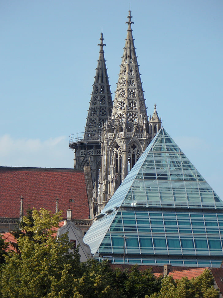 münster, church, ulm cathedral, building, architecture, contrast, modern and old