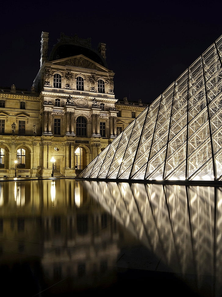Louvre, Paris, pyramide, arkitektur, nat skudt, refleksion, vartegn